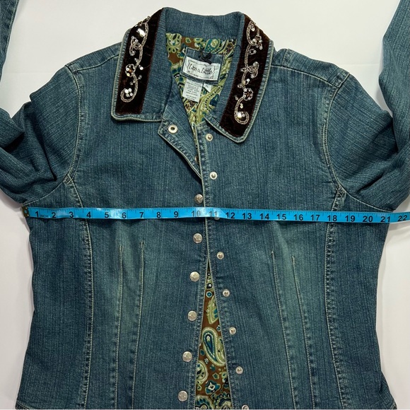 Christopher & Banks Denim Jacket w/ Velvet/Sequin Trim - dark wash/paisley, XL - Picture 6 of 8